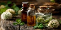 Natural herbal essential oils in glass bottles with cork stoppers and fresh clover flowers on rustic wooden surface for aromatherapy and wellness.