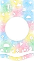Watercolor rainbow background with white circle frame, hot air balloons, paper planes, stars and clouds for baby shower invitation or nursery decor.