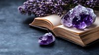 Raw amethyst crystal clusters on vintage open book with dried lavender flowers against dark background, creating mystical atmosphere for spiritual practices.