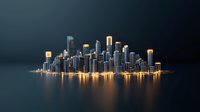 Modern illuminated cityscape with glowing skyscrapers reflected in calm water at night, featuring golden lights and dramatic dark atmosphere. Perfect for business and urban themes.