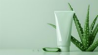 Blank cosmetic tube mockup with aloe vera plant on mint green background, natural skincare concept for beauty product packaging design.