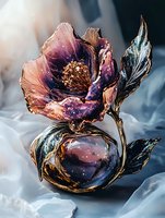 Cosmic glass flower sculpture with galaxy patterns and golden accents on ethereal fabric background for luxury decor and artistic projects.