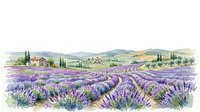 Watercolor lavender field landscape with rolling hills, farmhouse, and cypress trees, isolated on white background for design use.