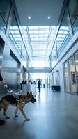 Security dog patrol in modern office building lobby with glass ceiling and professional business people working in corporate environment.