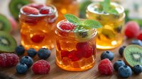 Refreshing summer fruit drinks with berries and mint garnish in glass jars. Fresh raspberries, blueberries and kiwi slices create vibrant cocktail presentation.