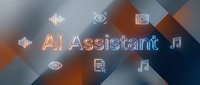 AI Assistant neon text with digital icons on abstract geometric background for technology and automation concepts.