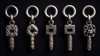 Collection of five antique silver key pendants with different designs on black background, perfect for jewelry making or fantasy costume accessories.