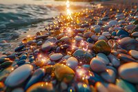 Smooth pebbles on beach shore at golden sunset with sparkling water reflections and lens flare creating magical atmosphere and natural bokeh effect.