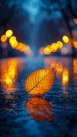 Glowing autumn leaf on wet surface during rain with golden bokeh lights in background, dramatic nature photography with orange and blue color contrast.