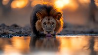 Male lion drinking water at sunset with golden backlight creating dramatic silhouette reflection on calm surface. African wildlife scene captures majestic predator moment.