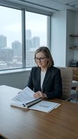 Professional mature businesswoman reviewing documents in modern office with city skyline view through large windows.