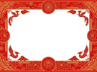 Red and gold ornate Asian frame with dragons and floral motifs on white background for festive designs and cultural celebrations.