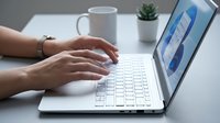 Professional woman hands typing on white laptop computer at modern office desk with coffee mug and plant creating productive workspace atmosphere.
