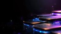 Glowing steps with vibrant neon colors and sparkles against dark background create futuristic atmosphere for technology and innovation concepts.