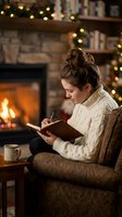 Young woman writing in journal by fireplace with Christmas lights creating cozy winter evening atmosphere for holiday relaxation and reflection.