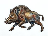 Ornate wild boar with decorative tribal patterns and metallic gold accents, isolated on white background. Suitable for t-shirt design, clipart, and fantasy artwork applications.
