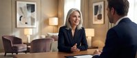 Female professional with blonde hair, Caucasian ethnicity, wearing dark business blazer, conducting job interview or business meeting with male colleague at wooden desk in modern office setting.