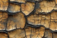 Cracked dry earth texture with deep fissures forming natural pattern in brown and golden tones, showing drought conditions and arid climate effects on clay soil surface.