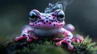 Pink spotted tree frog with glowing blue eyes sitting on moss in mystical foggy atmosphere, macro photography capturing intricate details and vibrant colors.