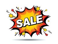 Comic book style sale explosion burst with colorful stars and dynamic rays on white background for promotional marketing campaigns and retail advertising.