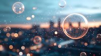 Dreamy soap bubbles floating against blurred city lights at dusk create magical atmosphere with bokeh effect and soft focus lens flare for romantic mood.
