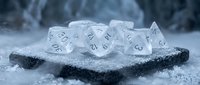 Translucent polyhedral dice set with numbers displayed on frosted surface, surrounded by snow and ice crystals for tabletop gaming and role-playing adventures.