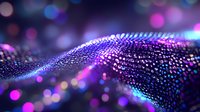 Futuristic digital wave of glowing particles with purple and blue neon lights on dark background, abstract technology network visualization for presentations.