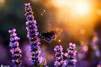 Butterfly landing on purple lavender flower at golden sunset with magical bokeh lights and sun flare creating dreamy natural atmosphere in garden.