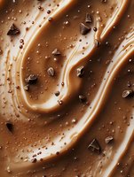 Swirling chocolate cream with scattered dark chocolate chips creating dynamic waves and texture in rich brown tones, macro food photography for dessert advertising.