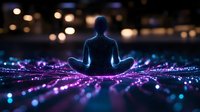 Silhouette of person meditating in lotus position surrounded by glowing purple and blue energy particles creating mystical atmosphere for wellness concepts.