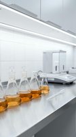 Laboratory glassware with amber liquid samples arranged on white counter in modern research facility for scientific analysis and testing procedures.