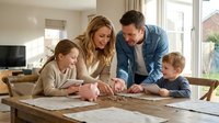Caucasian family with two children counting coins from pink piggy bank at wooden dining table in bright modern home interior for financial education.