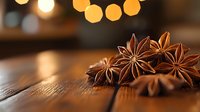 Star anise pods on rustic wooden surface with warm bokeh lights creating cozy atmosphere, macro food photography highlighting natural spice texture and aroma.