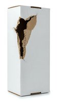 Damaged white cardboard box with large jagged hole revealing torn brown corrugated interior, suitable for shipping, packaging, and damage concept designs.