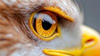 Close-up of majestic bird of prey with striking golden yellow eye and sharp curved beak showing intricate feather details and intense predatory gaze.