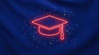 Glowing red neon graduation cap icon on dark blue background with sparkling particles, representing education, learning, and academic achievement for online courses.
