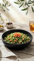 Tabbouleh salad with fresh parsley, tomatoes, and vegetables in black bowl on wooden table with olives and beverage.