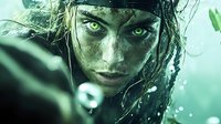 Intense close-up portrait of young woman with piercing green eyes and wet dark hair in mystical aqua atmosphere with water drops and dramatic lighting effects.