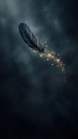 Dark feather with glowing golden particles dispersing against stormy sky backdrop, suitable for fantasy, spirituality, transformation, and inspirational design projects.