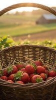 Fresh ripe strawberries in wicker basket at sunset on farm field with golden light and bokeh background for harvest season and organic agriculture.