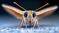 Extreme macro photography of moth head with large blue compound eyes and antennae on glittering surface. Detailed view shows intricate insect features in sharp focus.