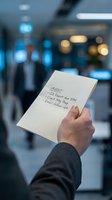 Hand holding urgent business note with deadline reminder in modern office environment with blurred background lights and professional atmosphere.