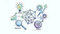 Business strategy concept with interconnected network, lightbulb ideas, data analysis charts, gears and target goals on white background for presentations.