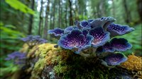 Purple mushrooms growing on moss-covered log in lush green forest, showcasing vibrant fungal ecosystem in natural woodland environment.