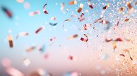 Festive rose gold and copper confetti explosion against soft pastel sky background with bokeh effect and flying glitter pieces creates celebratory atmosphere.