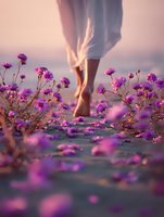 Woman in white dress walking barefoot among purple wildflowers at sunset, creating dreamy atmospheric scene with soft pink sky and scattered petals on ground.