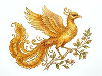 Golden phoenix bird perched on ornamental branch with flowing feathers and decorative flourishes, isolated on white background for design projects and artwork applications.