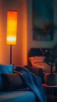 Cozy evening interior with warm floor lamp casting orange glow over blue sofa with throw blanket and decorative plant, creating relaxing atmosphere for home decor design.