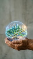 Hand holding transparent globe sphere containing sustainable green city with wind turbines, solar panels, and modern buildings representing renewable energy, environmental protection, and eco-friendly urban development.