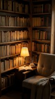Cozy reading corner with vintage books, warm lamp light, comfortable armchair and coffee cup creating intimate library atmosphere for relaxation and study.